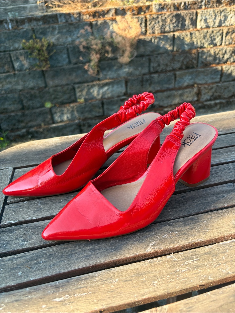 Patent Red Slingback Pointed Block Heel Pumps